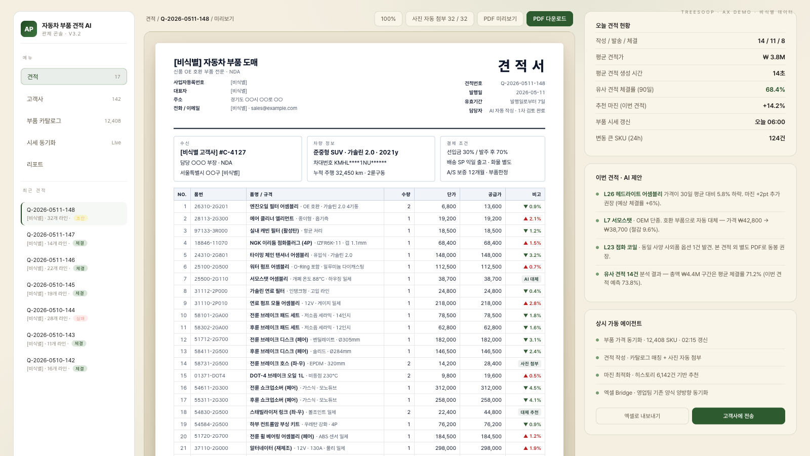 자동차 부품 견적 AI · 체결률 ×5